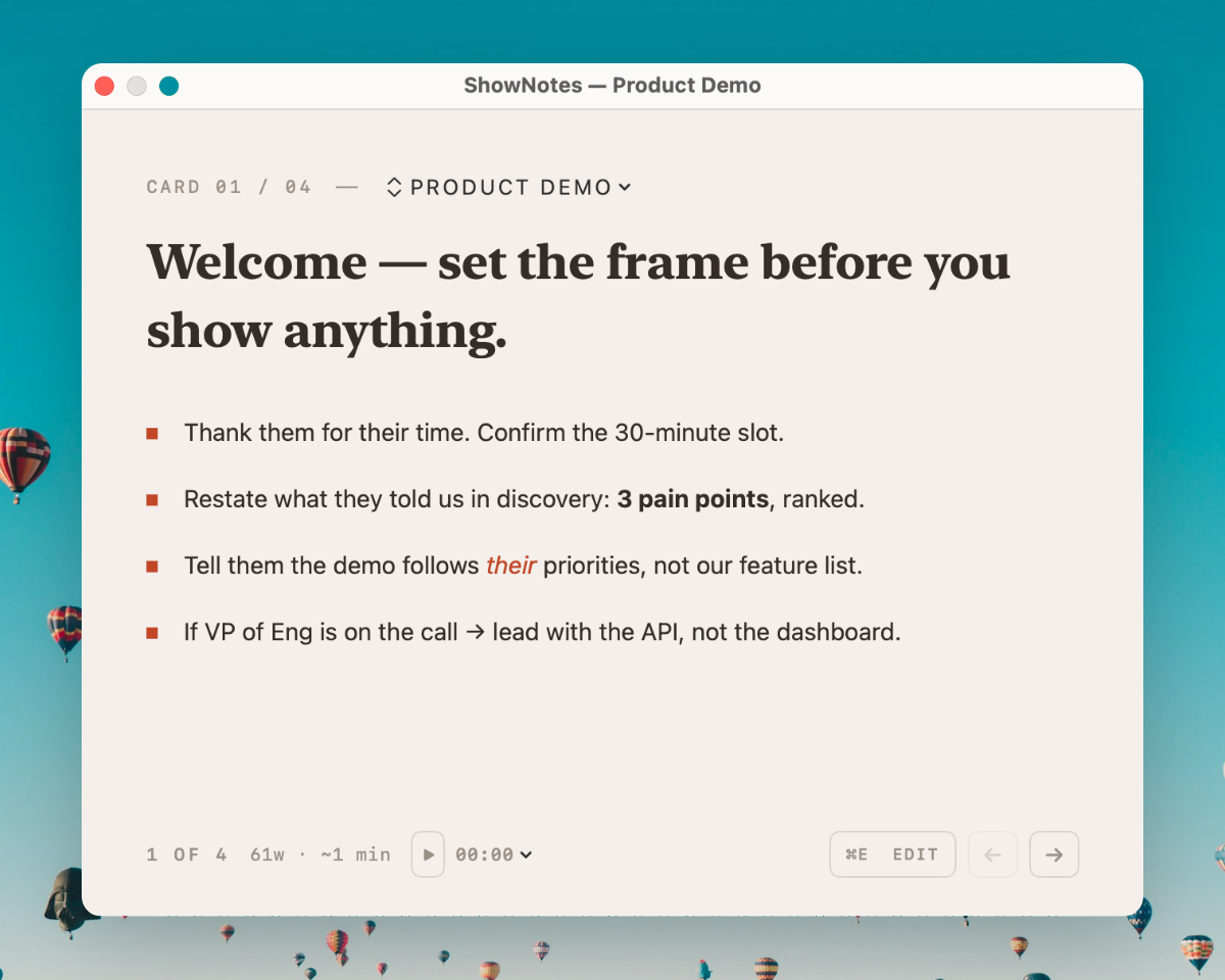 ShowNotes app window with demo talk track cue cards