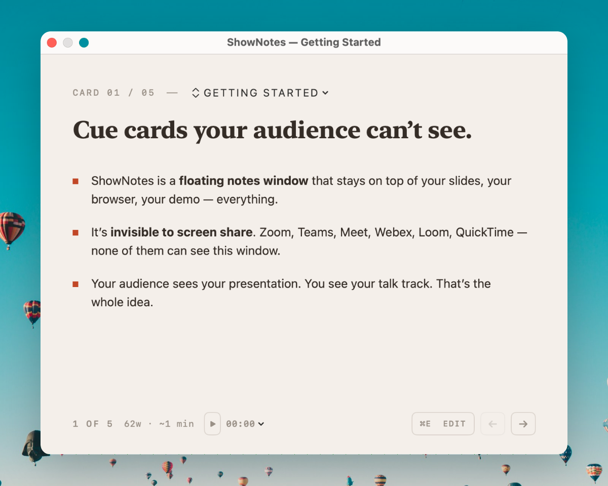 ShowNotes floating notes window — invisible to screen share