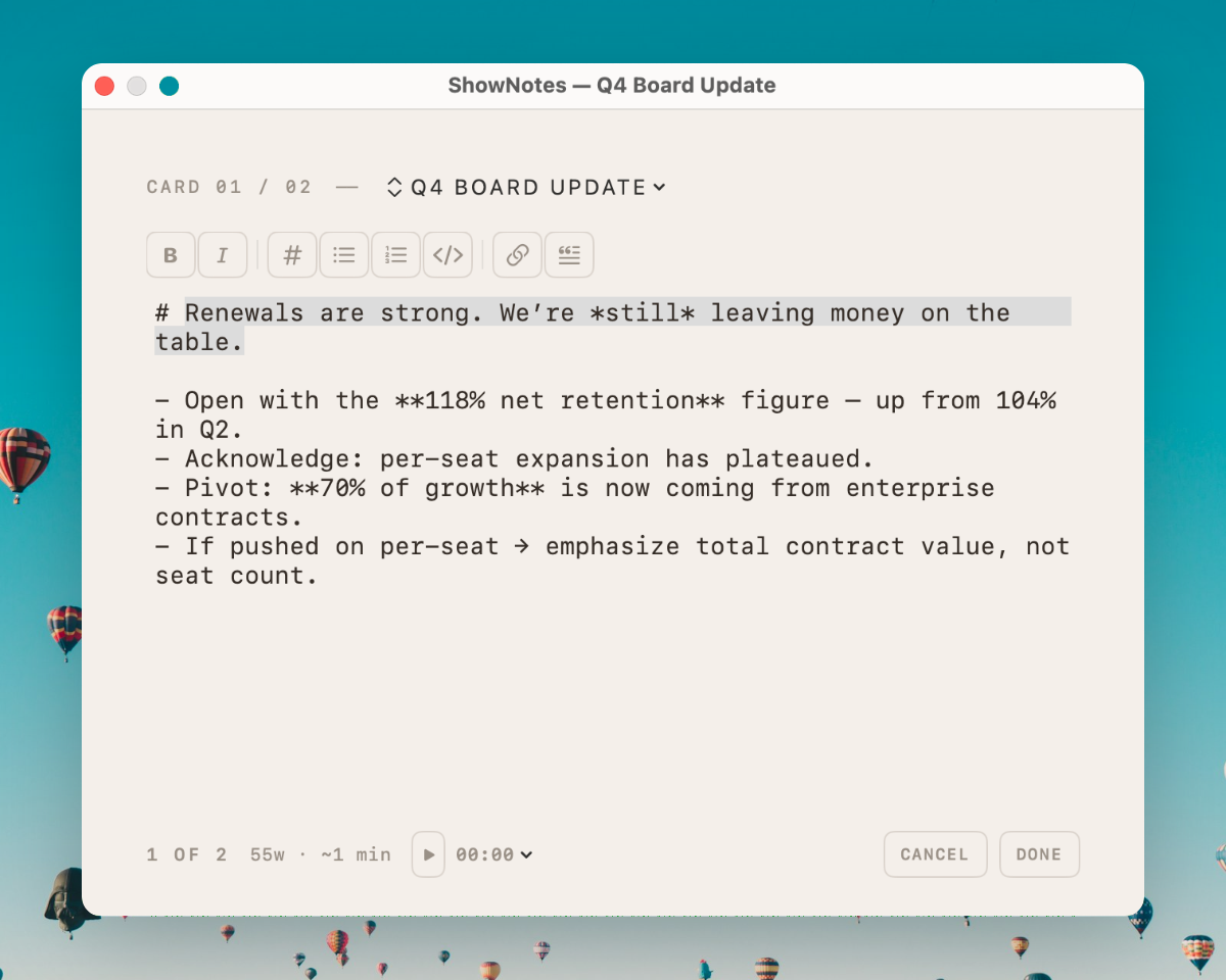 ShowNotes teleprompter for Mac showing cue cards in edit mode