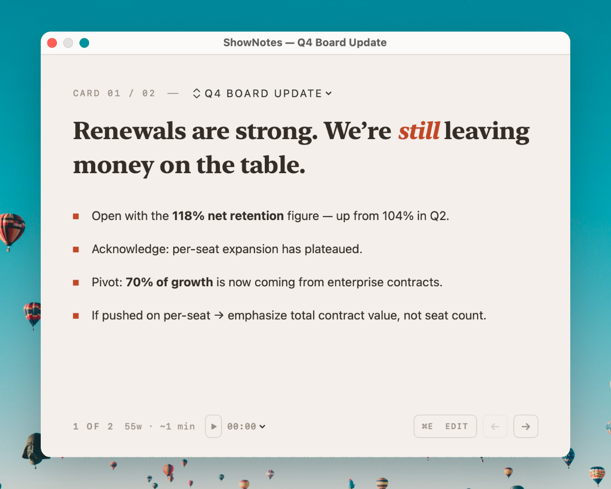 ShowNotes app window with floating cue cards — invisible to Zoom screen share